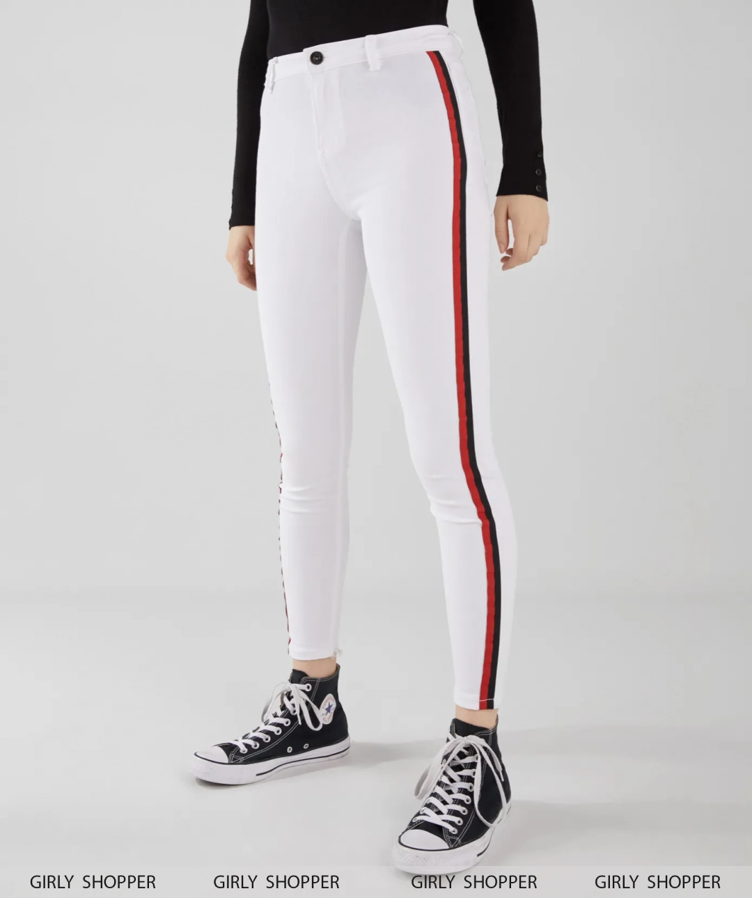 White jeans clearance with red stripe